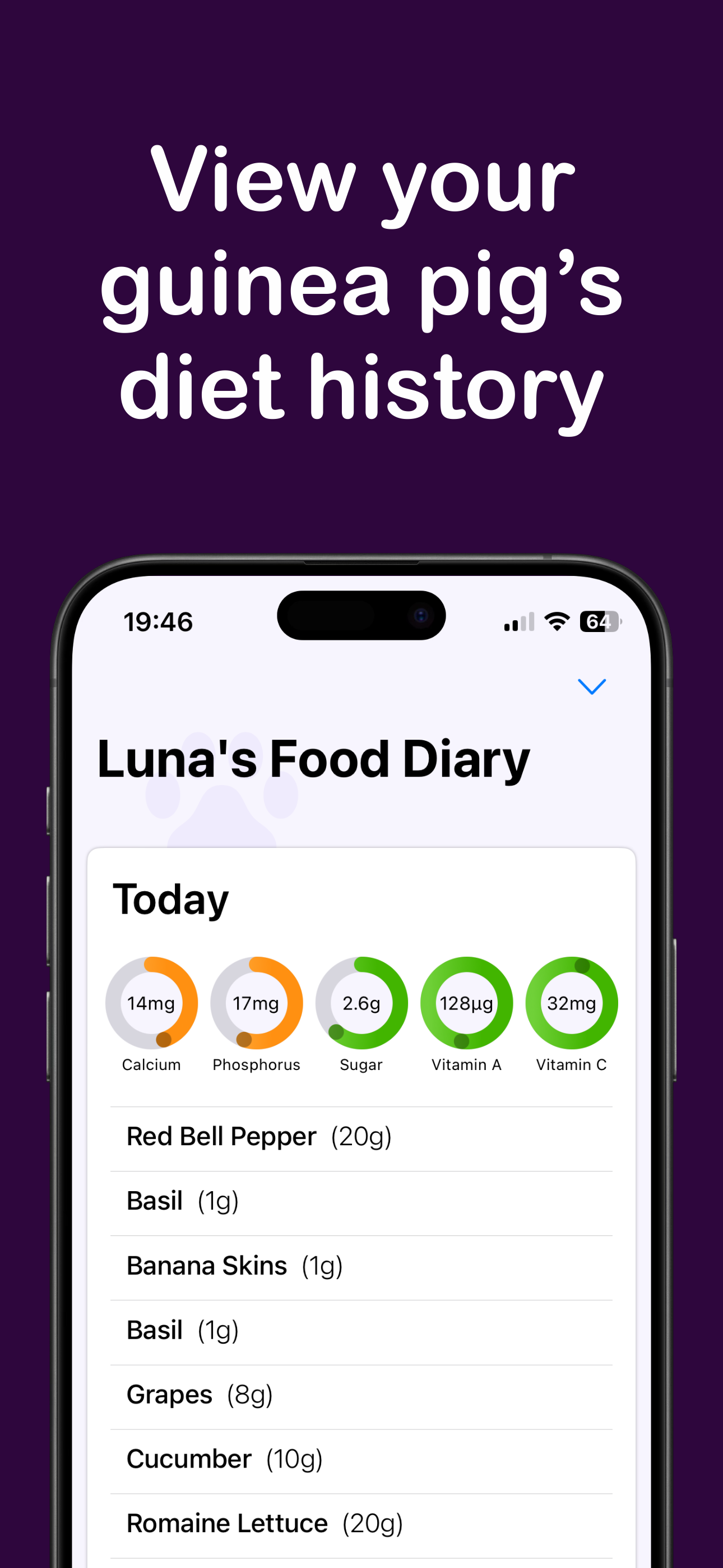 View your guinea pigs diet history